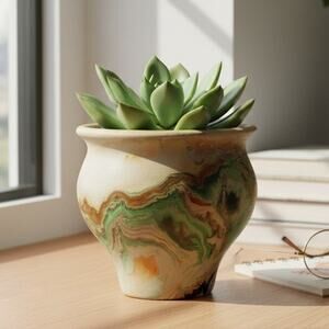 Vintage Nemadji Pottery Swirl Bowl Planter Native Clay Art Pottery 4" Tall